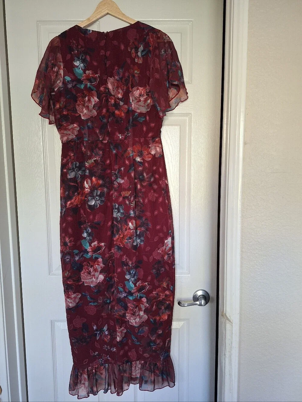 Vone Mireya Floral Ruffle Faux Wrap Midi Dress Burgundy Gold Shimmer US 8